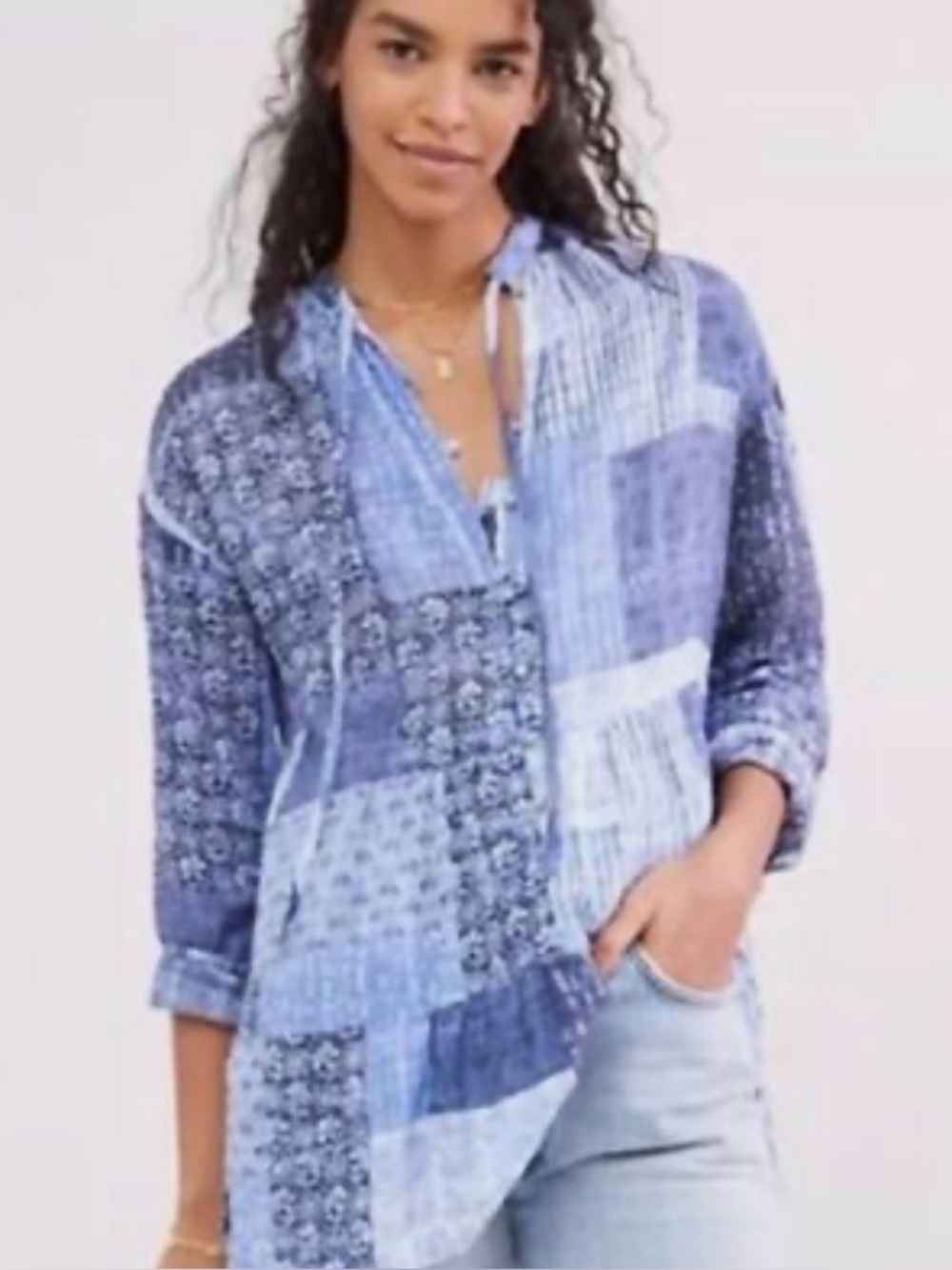 PILCRO Anthropologie Boho Patchwork LS Peplum Tiered Tunic Top Blue Print XS